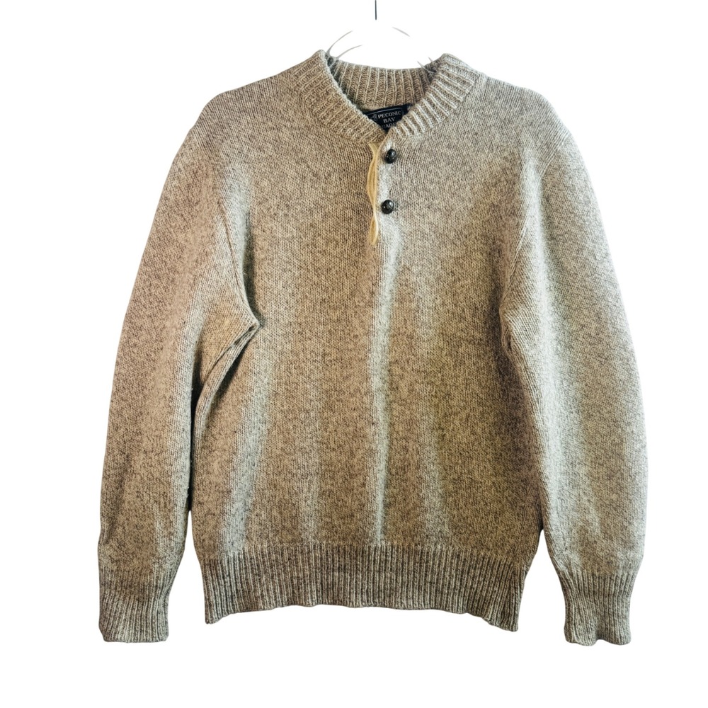 Peconic Bay Traders Wool Henley Sweater Blend Marl Oatmeal Tan Mens M USA
